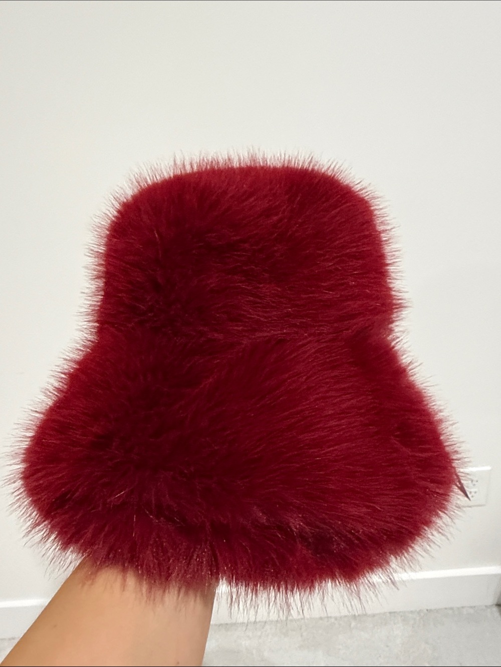 Plush Faux Fur Bucket Hat - cherry Red